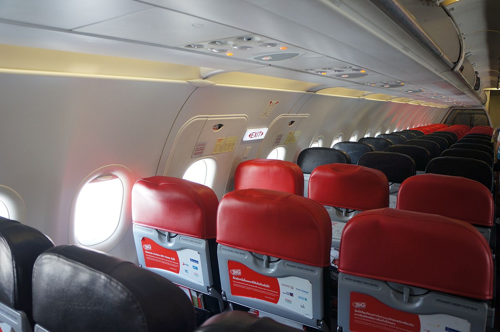 The cabin interior of a commercial airliner