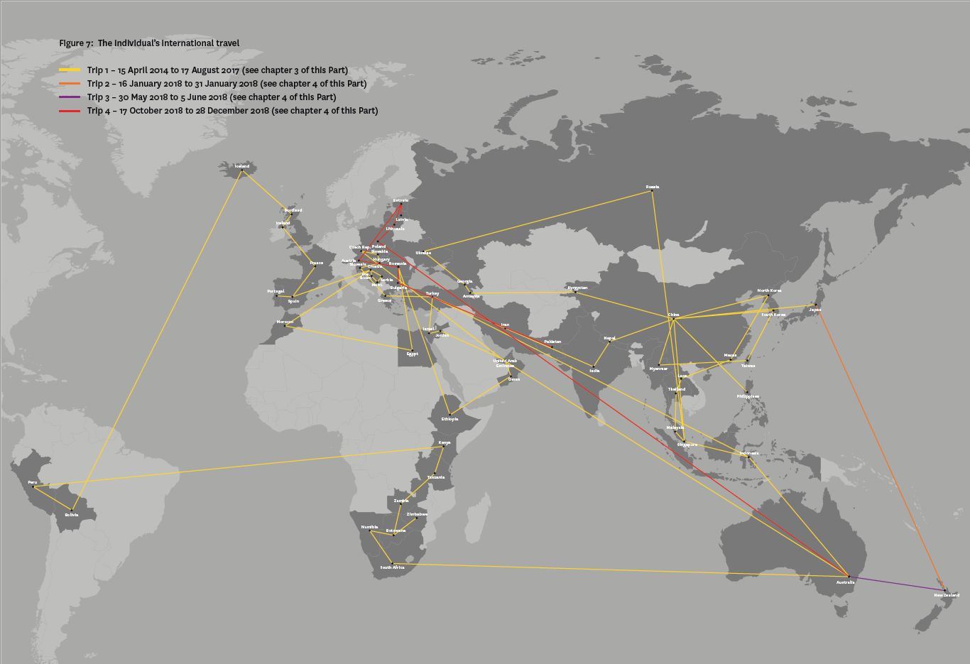 A world map used for planning a route