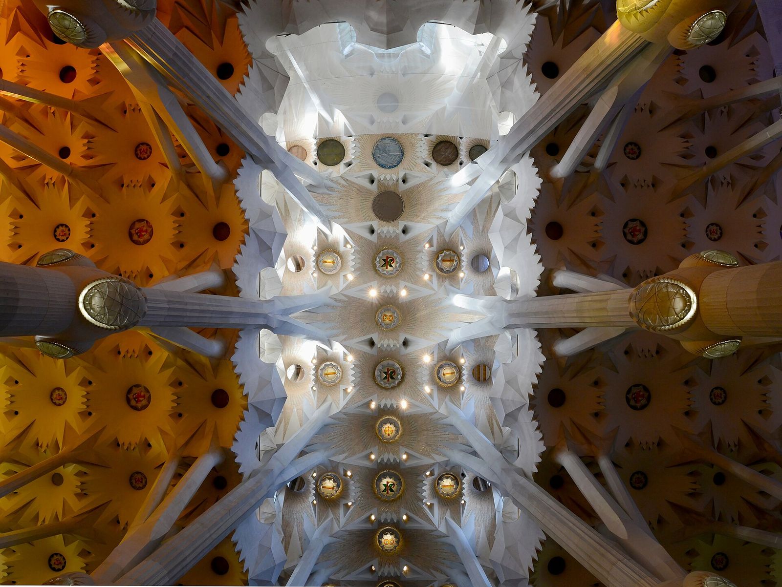 The stained-glass interior of the Sagrada Familia in Barcelona